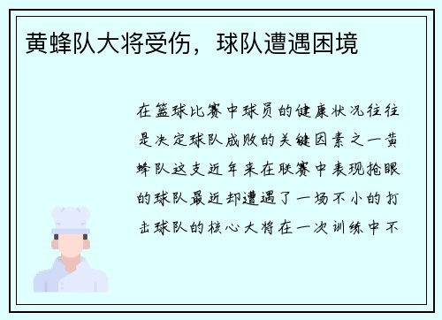 黄蜂队大将受伤，球队遭遇困境